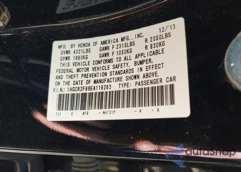 2014 Honda Accord Ex-L z USA, uszkodzony, nr VIN 1HGCR2F89EA116263